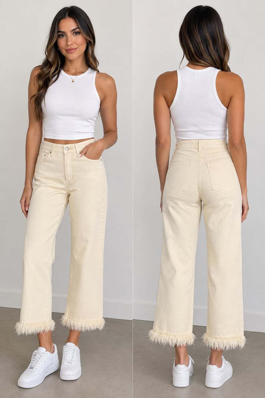 Feather Hem Straight Leg Jeans Ivory Size M